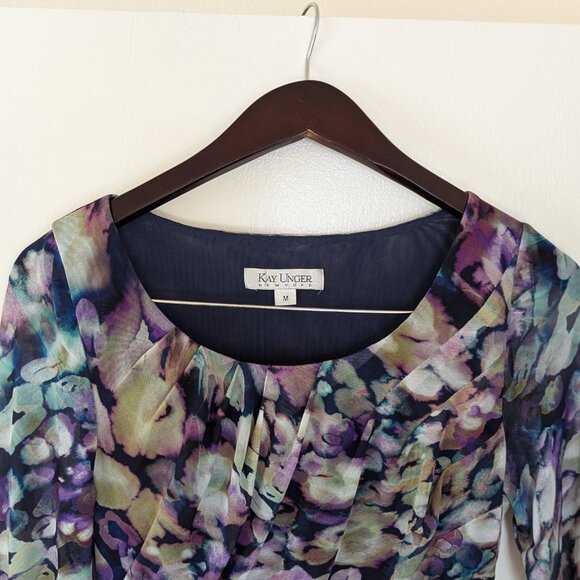 KAY UNGER Floral-Print Draped Waist Stretch Mesh Fabric Dress - Picture 4 of 10